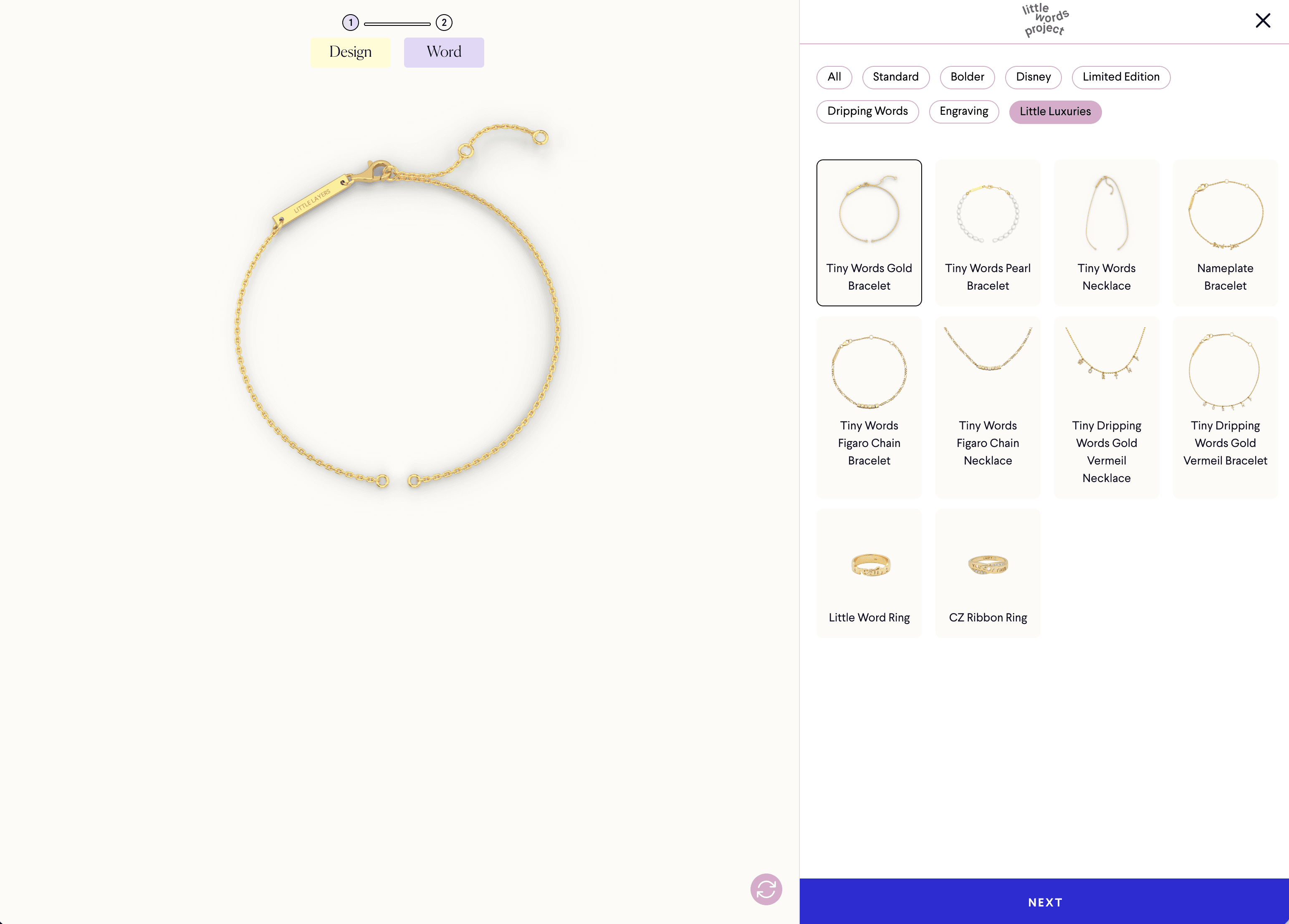 Little Words Project bracelet customization interface with step-by-step design flow and style filter options