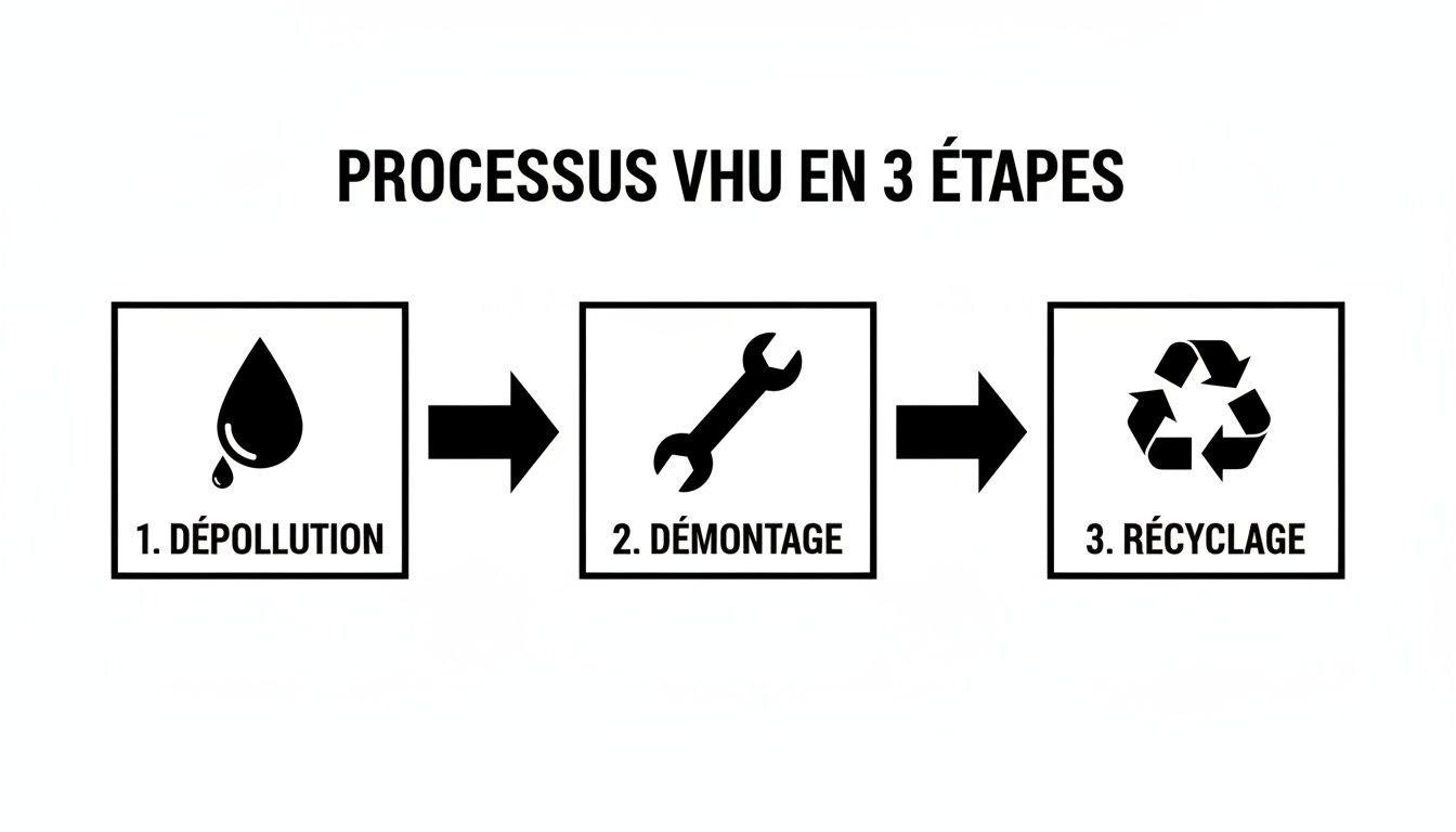 Infographie illustrant le processus de traitement des véhicules hors d'usage (VHU) en 3 étapes: dépollution, démontage et recyclage.
