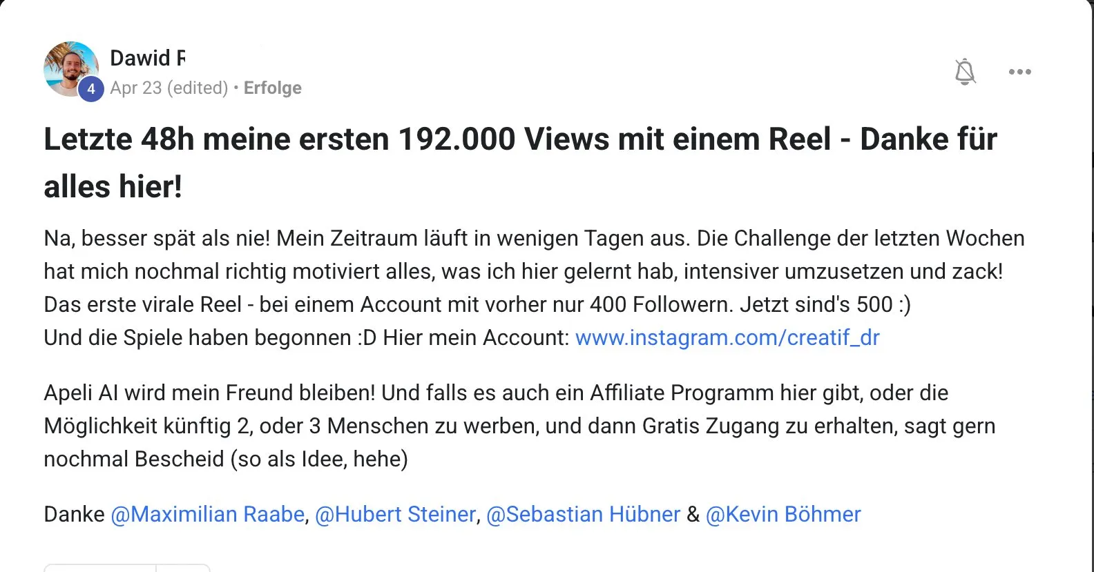 Mitglied der KI Creator Akademie: Dawids erstes virales Reel erreicht 192.000 Views in 48 Stunden