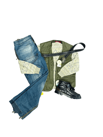 Apparel: jeans, vest, belt, patterned sweater, and black boots.