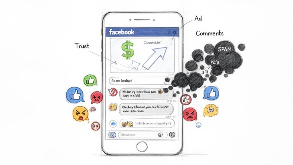 Illustration of a smartphone with a Facebook ad, comments, trust, and spam impacting user engagement.