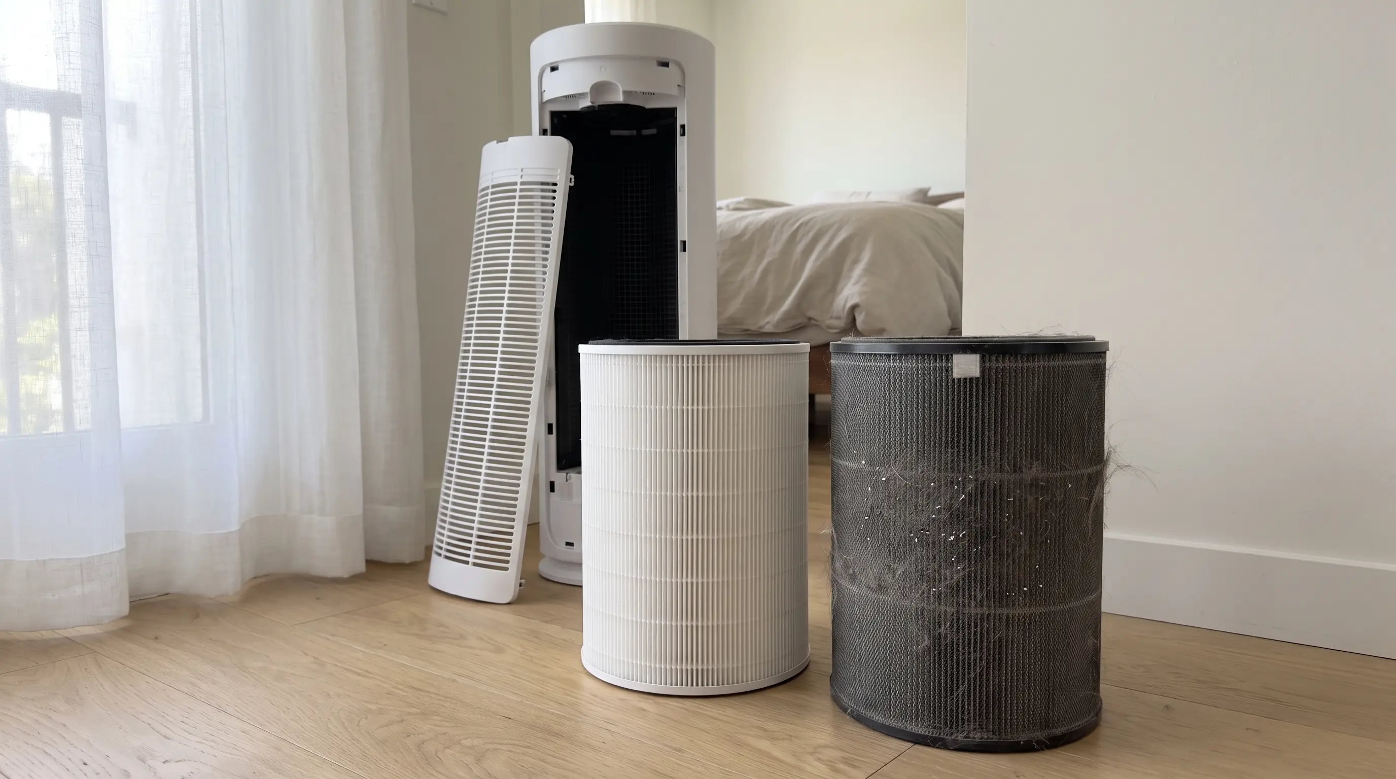 A HEPA filter after one LA fire season next to its replacement — the gray one is 'running' in someone's bedroom right now.