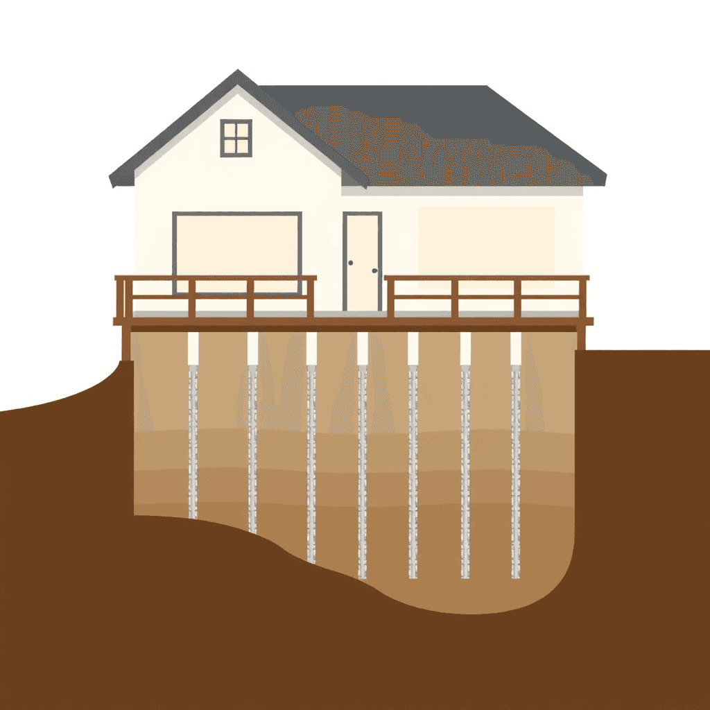 Illustration of a house on stilts anchored into the ground, demonstrating foundation support on sloped terrain.