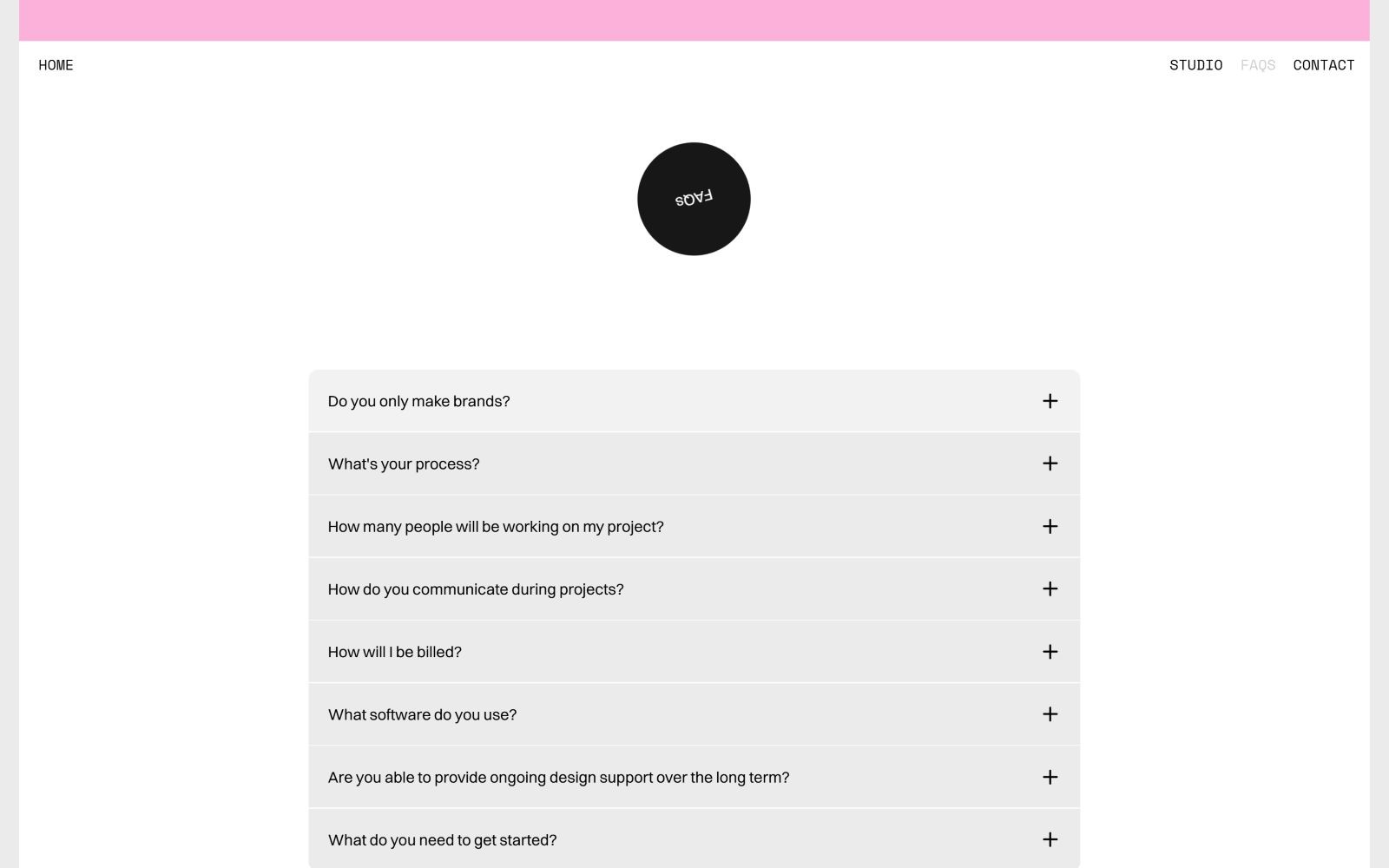 White webpage with pink header. Center black circle with "good habit" text. Accordion-style FAQs listed below.
