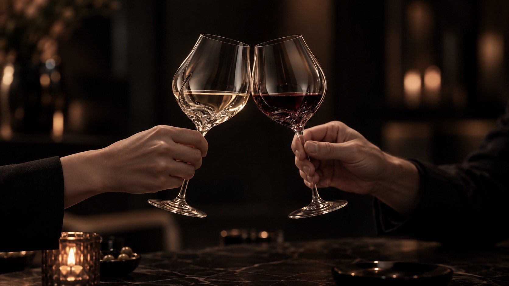 Two hands raising Kayra glasses in a toast, one of white wine and one of red, in a candlelit room.