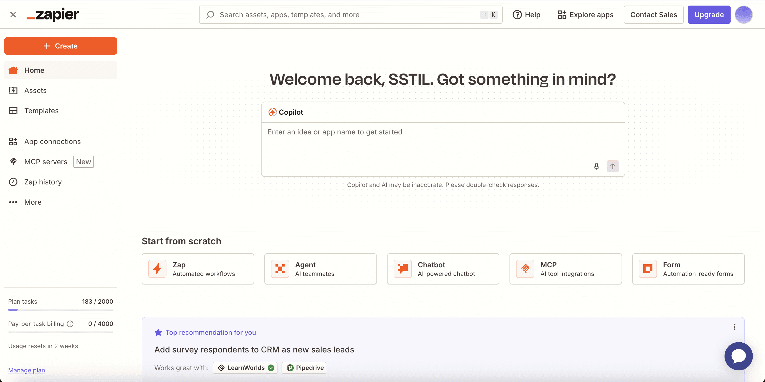 Dashboard de Zapier con la barra lateral visible mostrando Zaps, Apps y Zap History