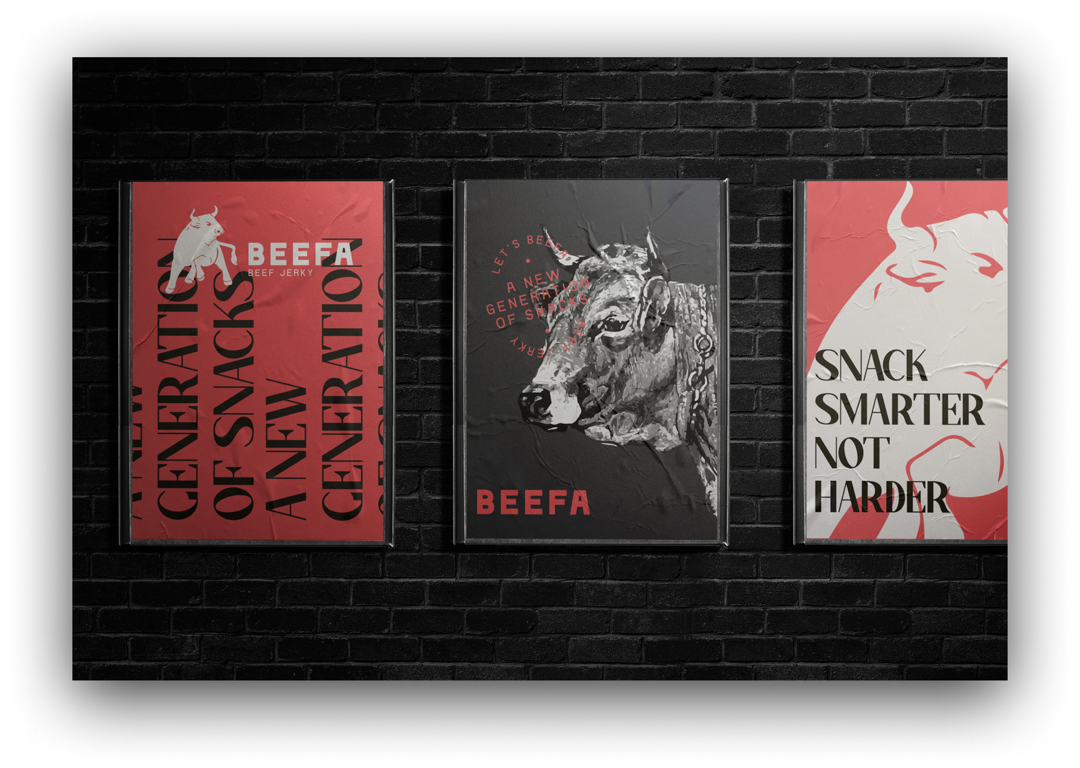 Beefa Jerky ad campaign displayed on three posters against a black brick wall. Designs include a bull icon and slogans emphasizing a "new generation of snacks" and "snack smarter, not harder." This image showcases marketing materials developed by The Editor Suite.