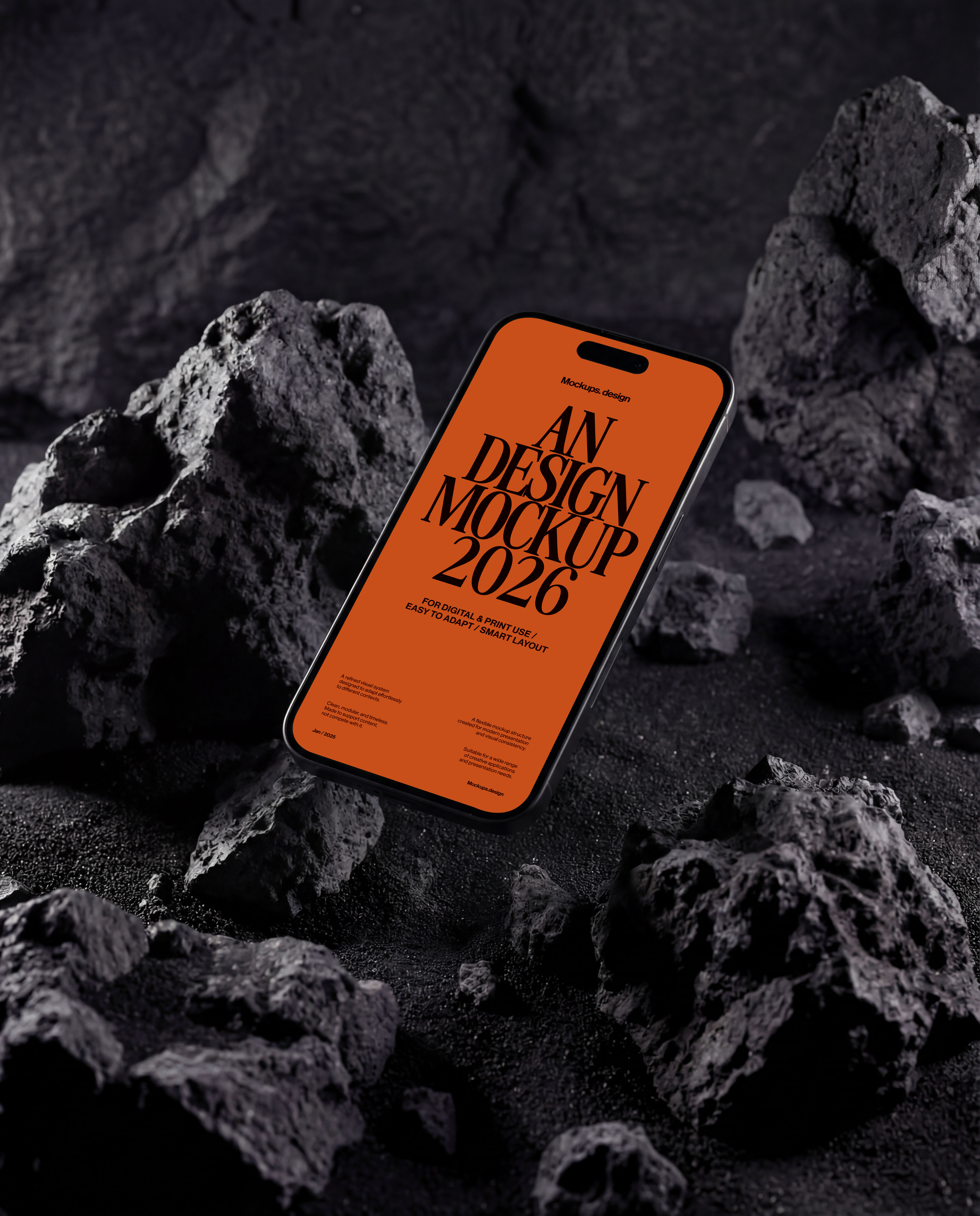 iPhone 16 3D mockup with dark rock background