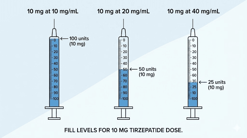 Insulin syringe comparison showing different unit markings for 10 mg tirzepatide at various concentrations