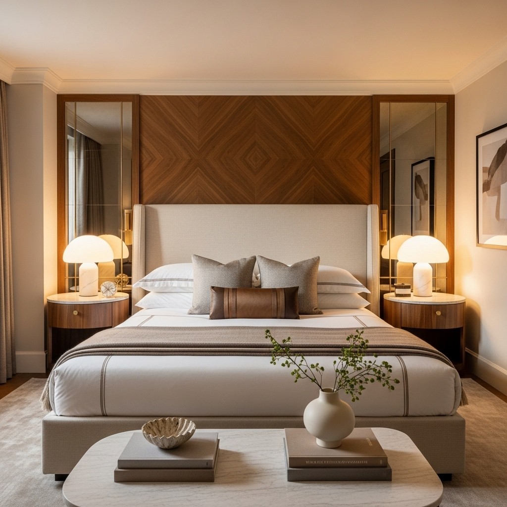 Boutique hotel-style bedroom concept with layered bedding, warm lighting, and premium finishes.