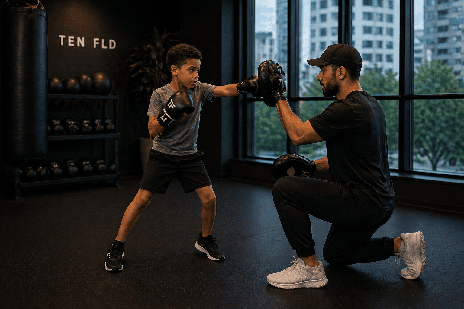 Ten Fld trainer with child teaching boxing for youth