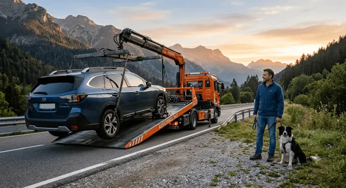 Grúa de asistencia en viaje Allianz asistiendo a coche familiar y mascota en carretera.