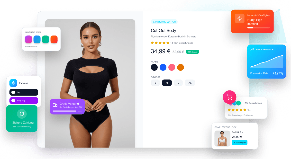 Hero-Visual der Inconis GmbH: Darstellung eines modernen Online-Shop-Layouts mit Produktseite, Conversion-Optimierungselementen, Bewertungen, Express-Zahlung und Performance-Steigerung.