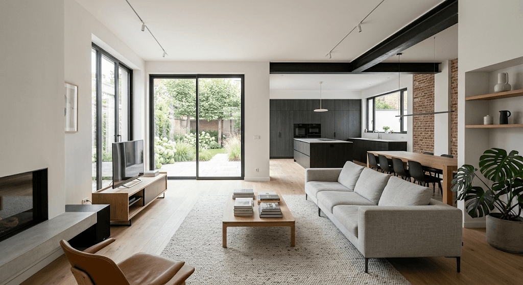 Salon rénové après transformation complète de l'habitation.