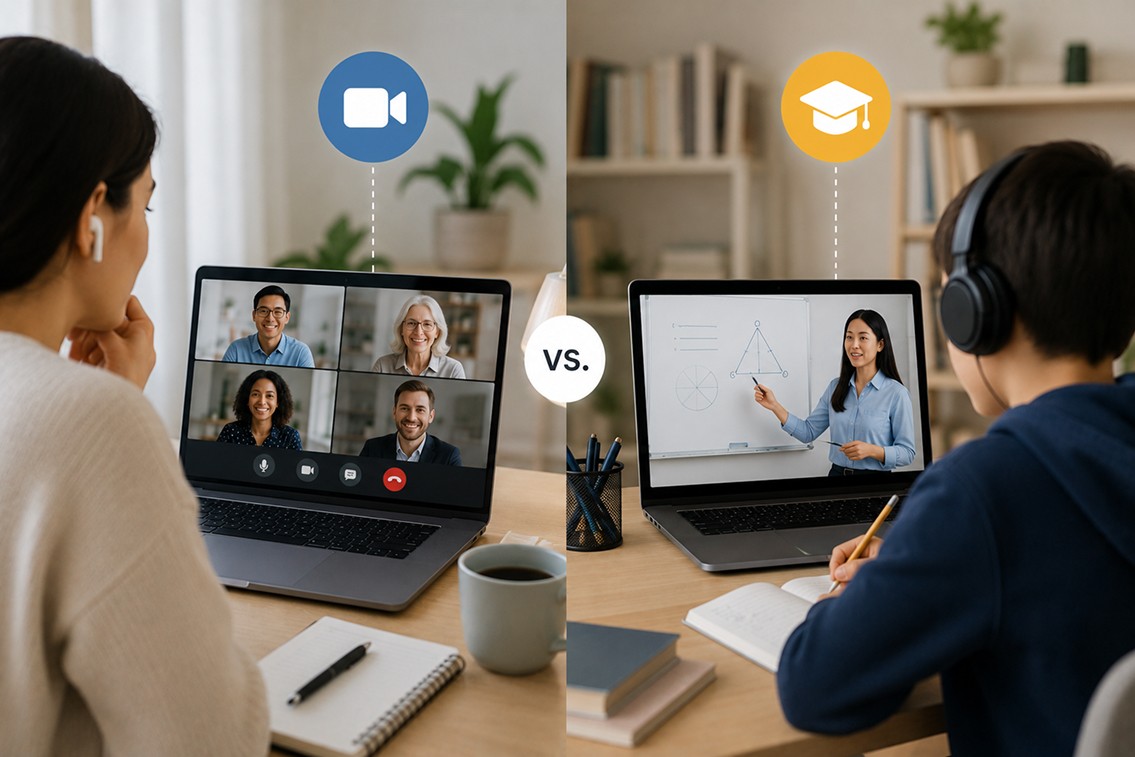 Virtual classroom platform compared with video conferencing for online education and remote teaching.