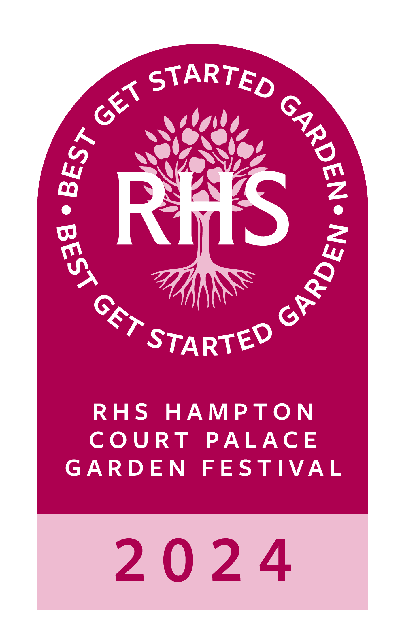 RHS (Royal Horticultural Society) medal for 2024, featuring a tree emblem and "Hampton Court Palace Garden Festival."