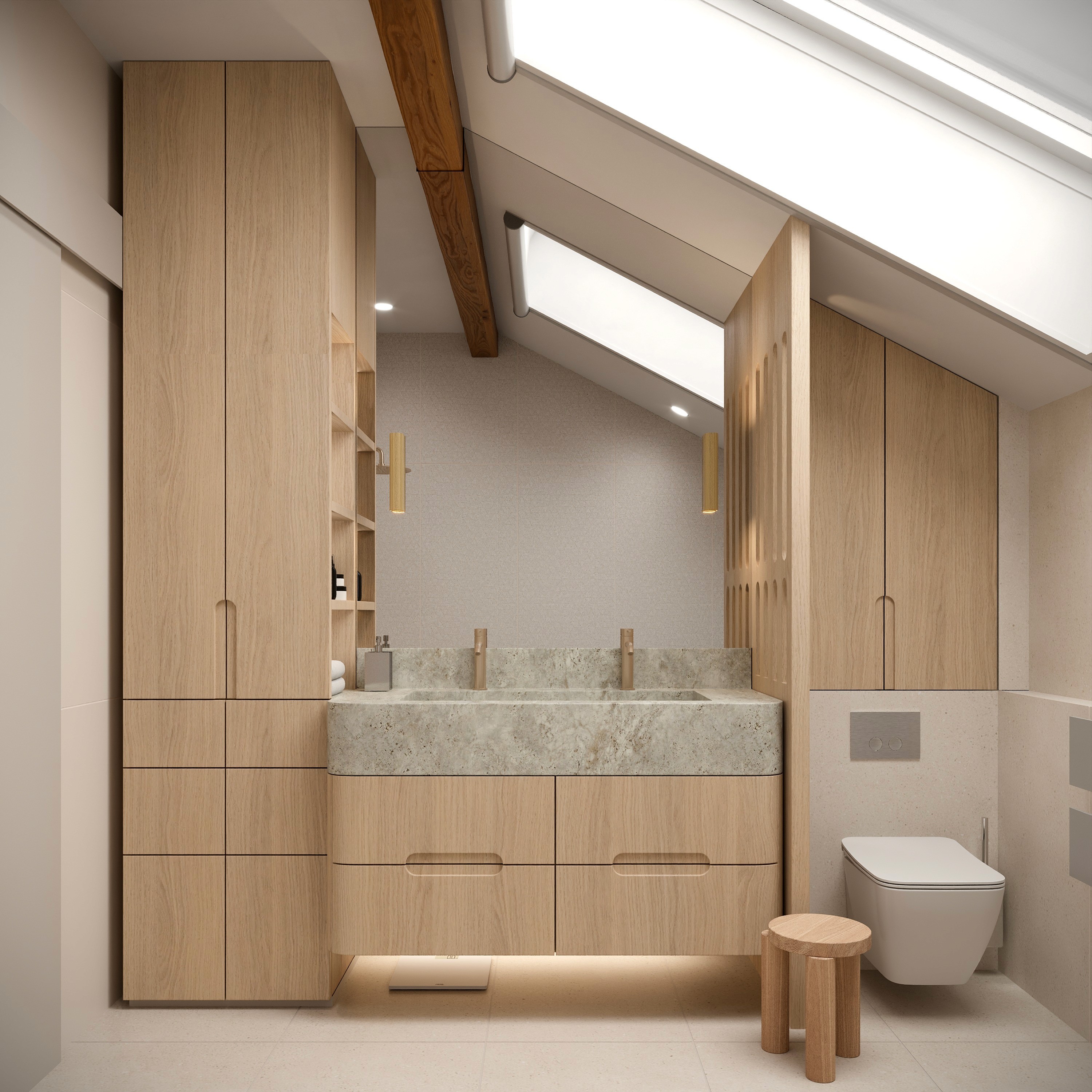 Custom bathroom furniture taylor made with creativity and design direction, Dekton cosentino materials and egger wooden laminate in Lausanne Switzerland