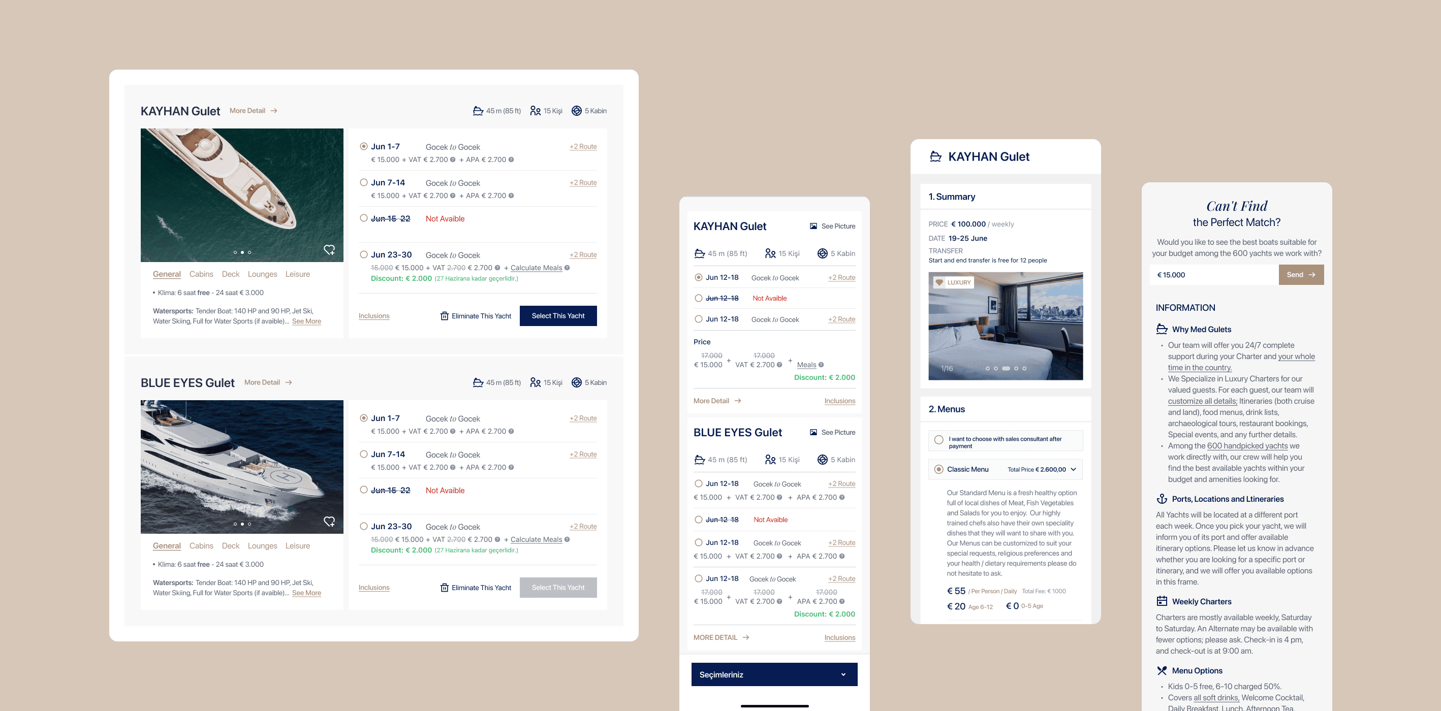 Desktop and mobile screens from the MedGulets yacht charter booking platform displaying yacht listings with photos, weekly availability, pricing breakdowns, cabin details, and a booking summary interface. The layout is designed with accessible contrast, clear hierarchy, and screen-reader-friendly structure.