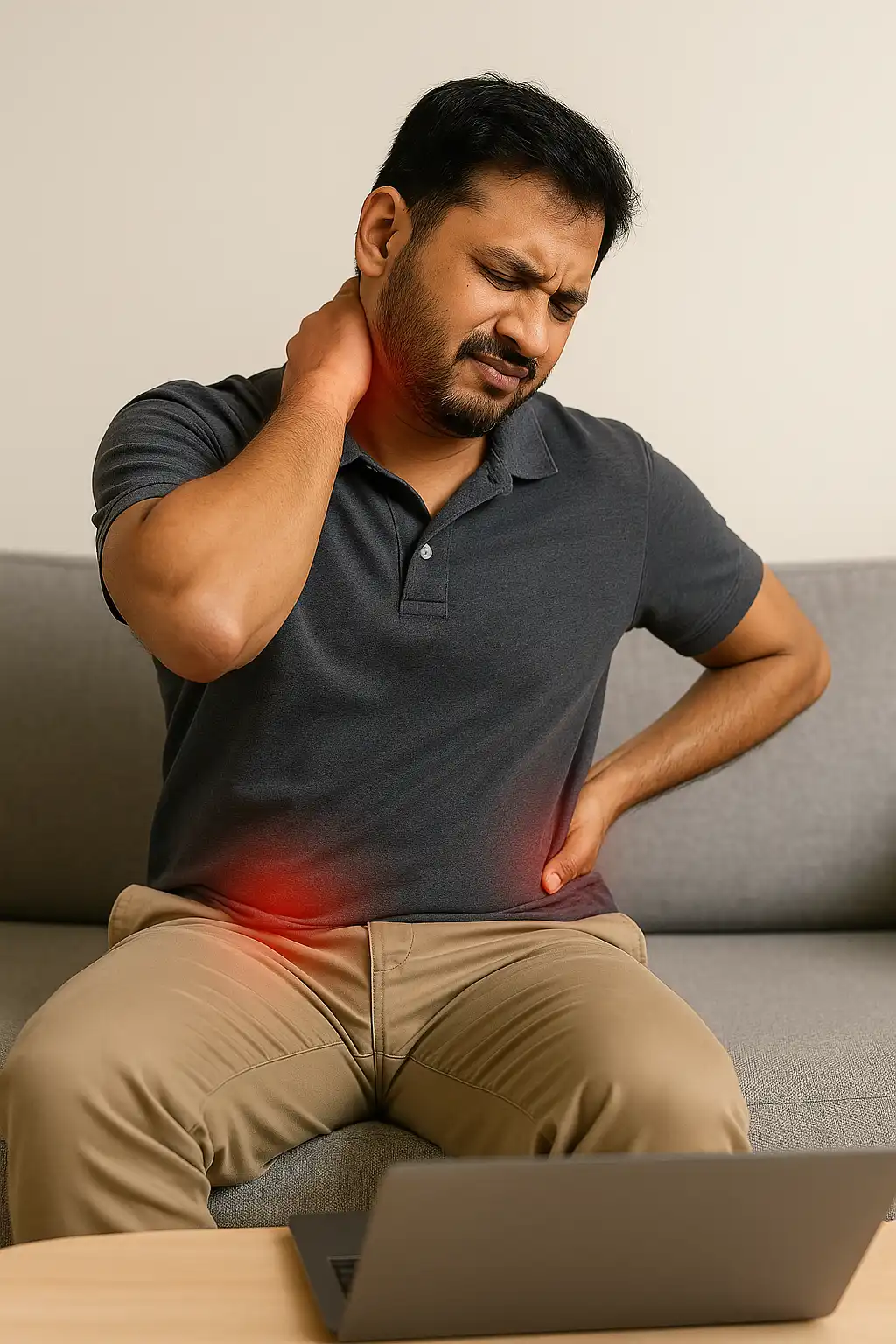 A man sitting on a sofa with one hand on his neck and the other on his lower back, with red highlights indicating areas of pain while working on a laptop.
