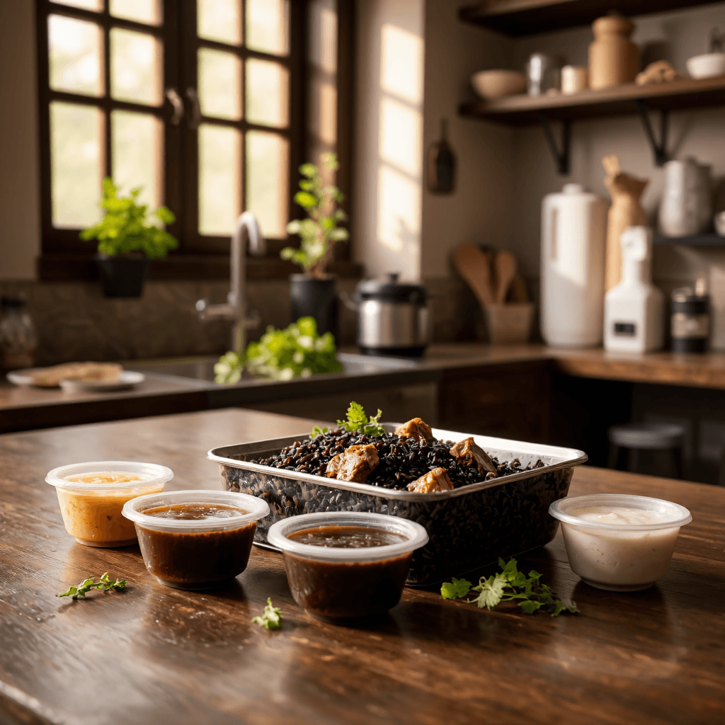 product photography of a food container with rice and meat, accompanied by three small sauce cups