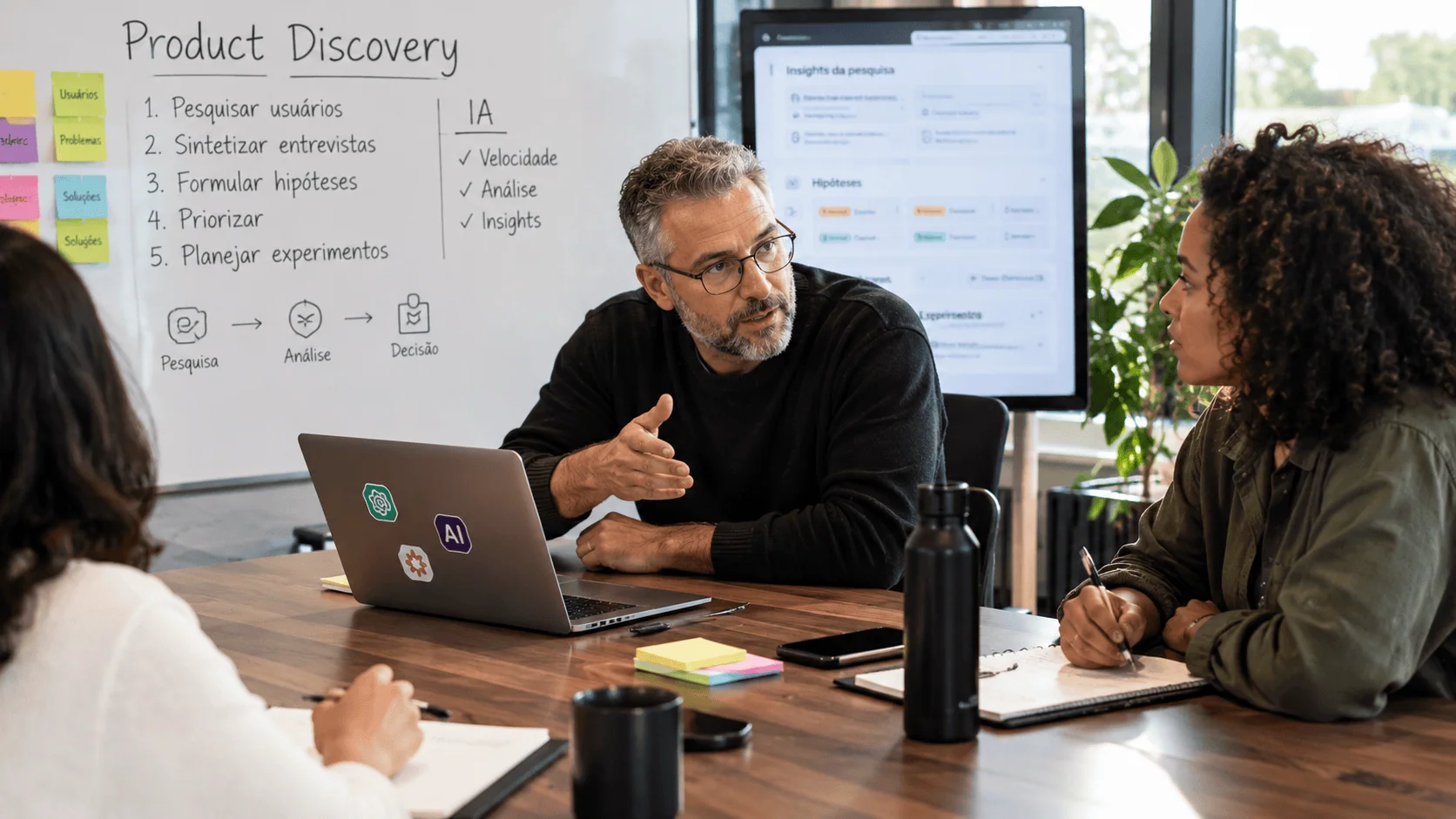 Equipe de produto realizando uma sessão de Product Discovery com inteligência artificial