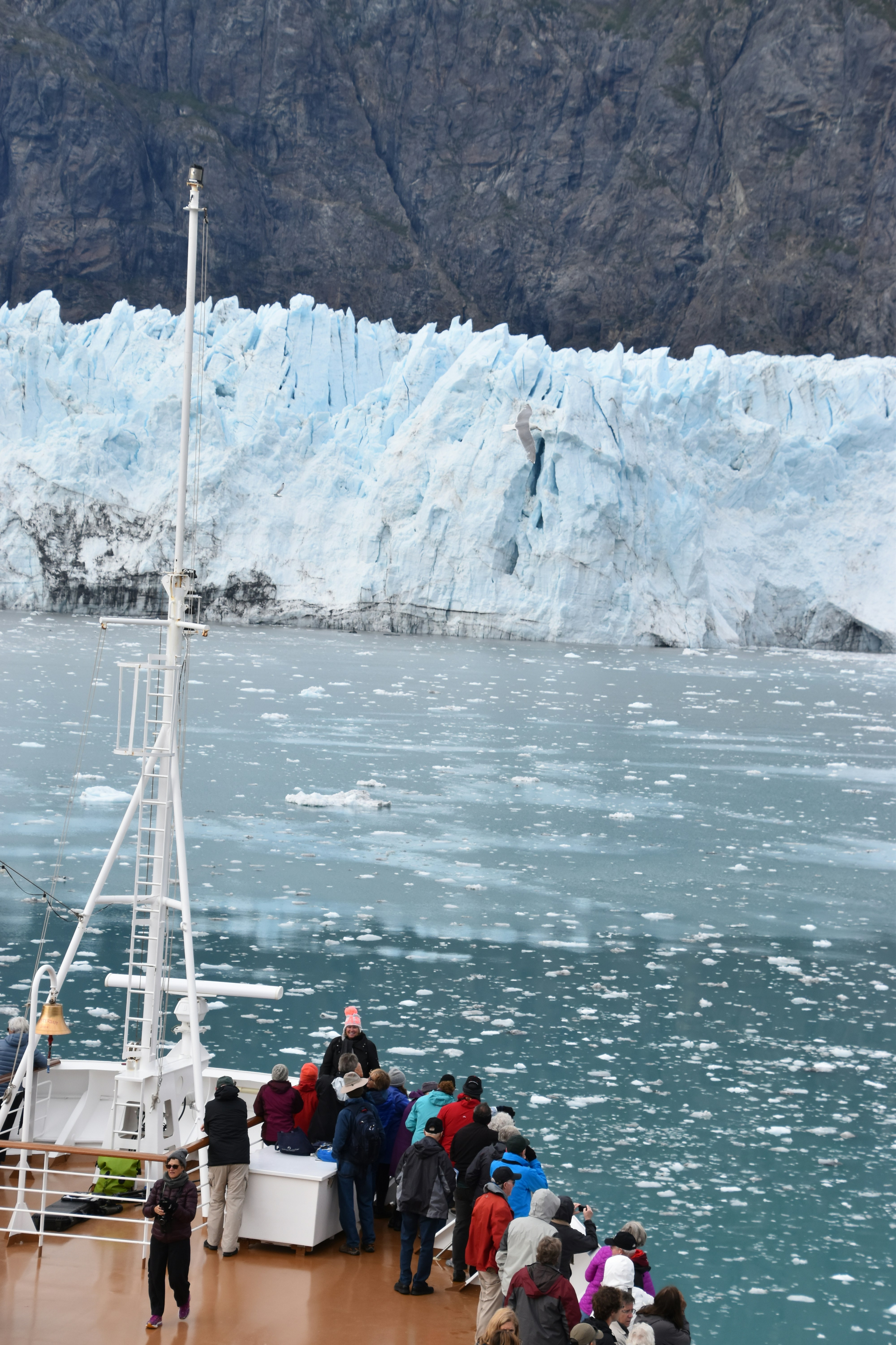 A group of people standing on the deck of a boat