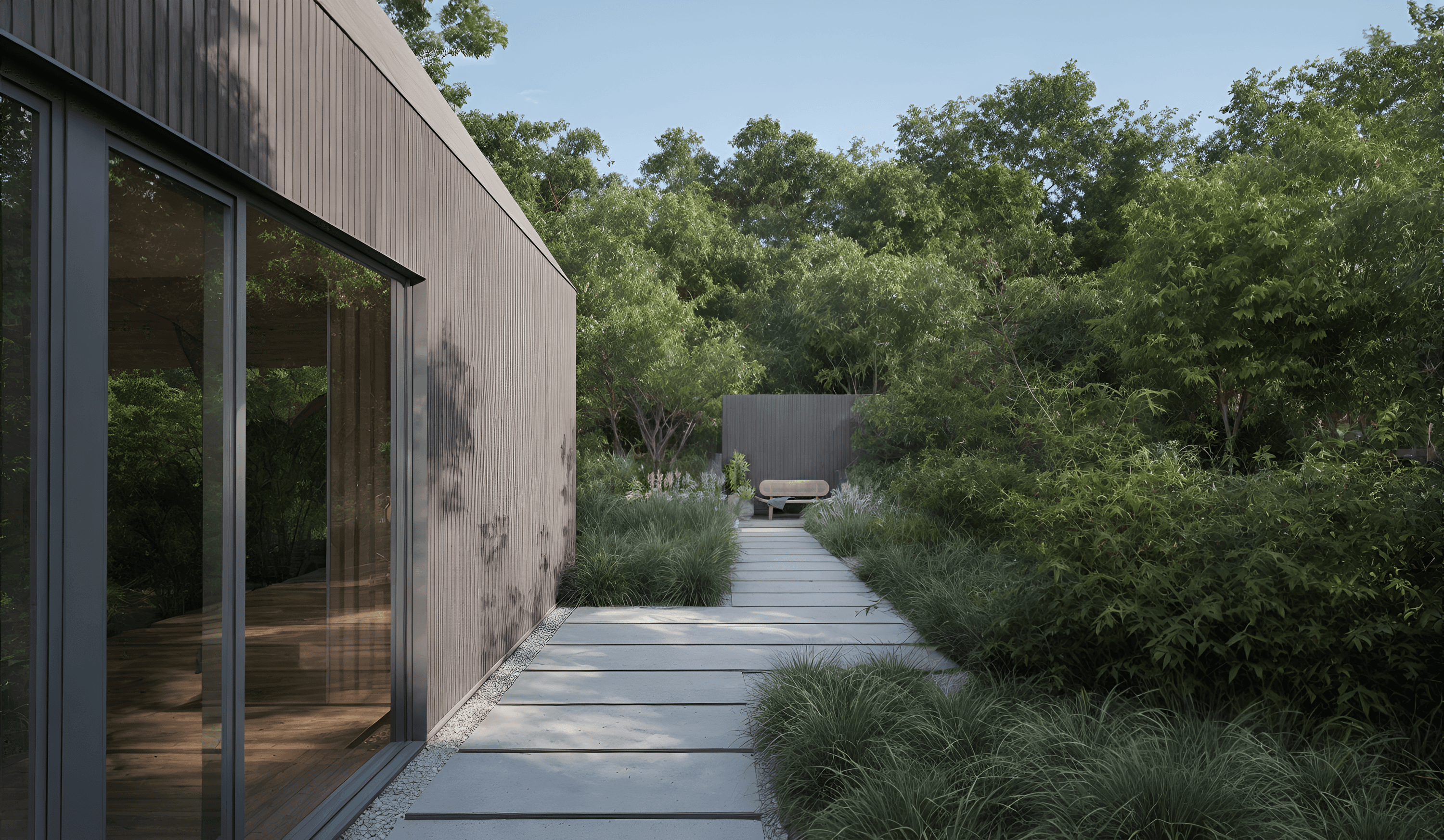Modern minimalist pathway through lush green garden with contemporary house exterior.