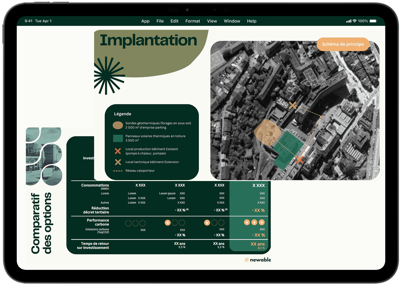 A tablet screen showing a detailed report comparing real estate decarbonization options, with a table analyzing investment, carbon performance, and ROI, alongside a map illustrating the implementation of geothermal and solar energy systems