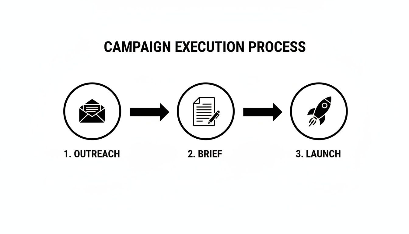 A three-step campaign execution process diagram showing outreach, brief, and launch.