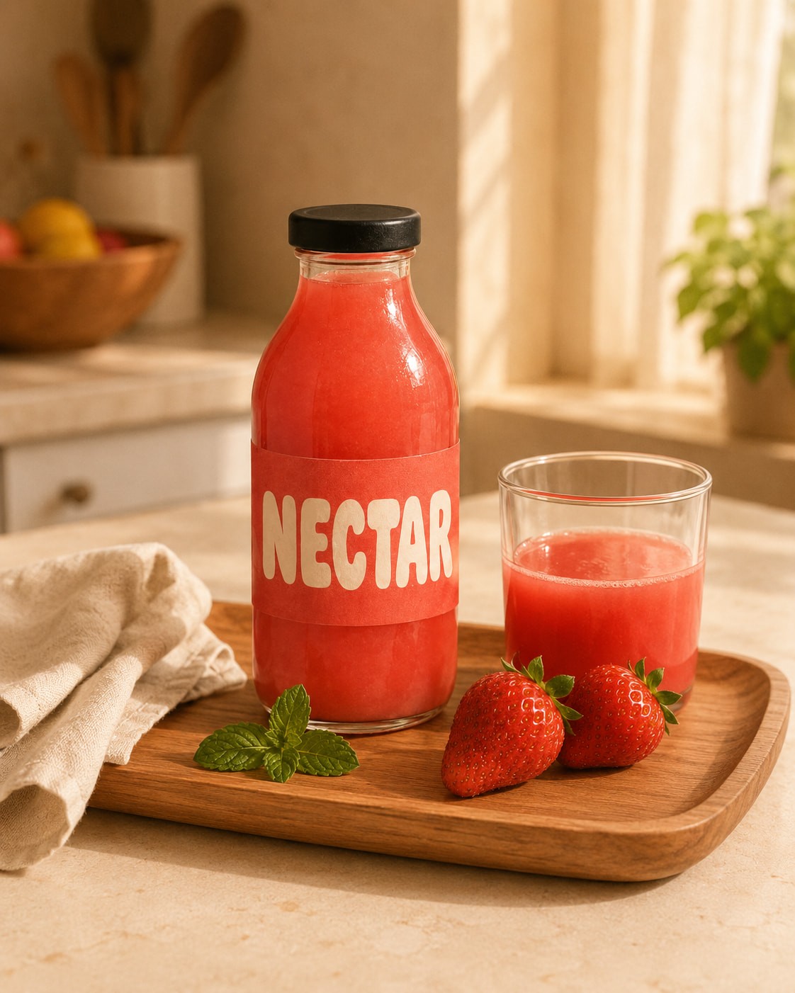 A bottle and glass of pink strawberry juice labeled "NECTAR" sit on a wooden tray with fresh strawberries and mint, in a sunlit kitchen.