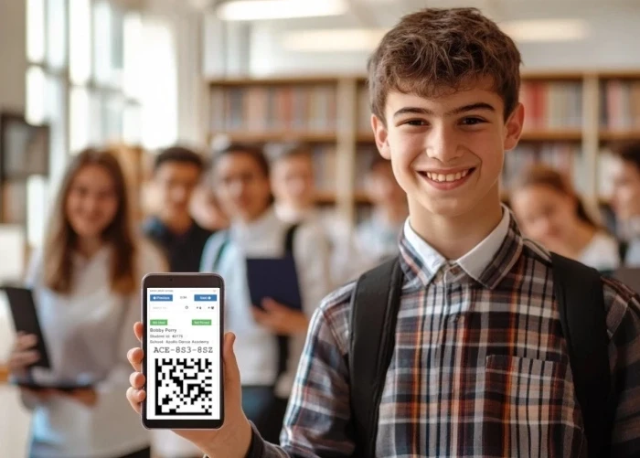 Student showing Snapizzi QR code on a smartphone in a school photo environment, demonstrating high-volume photography automation