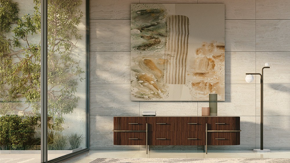 elegant sideboard and contemporary lighting and elements