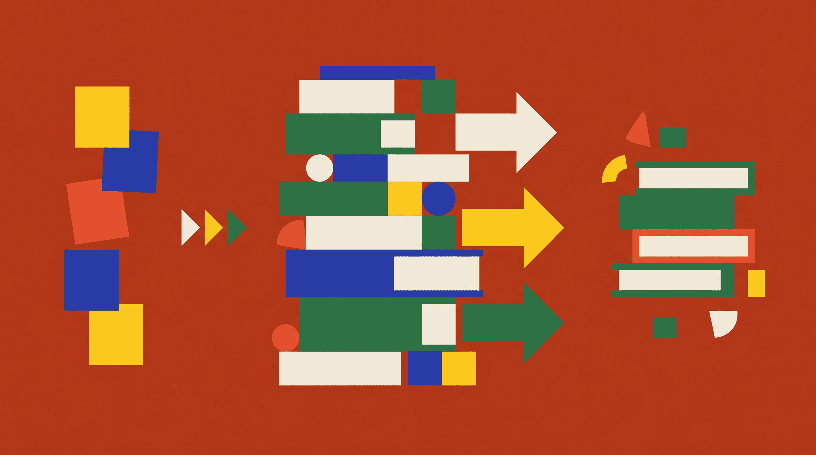Research workflow with paper stacks and arrows