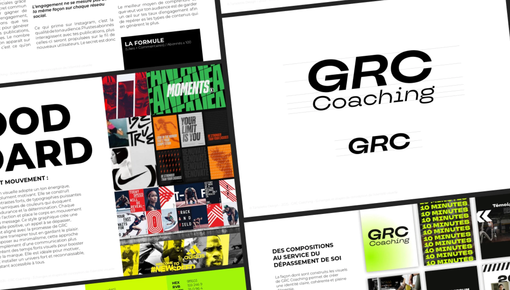 Brand board complet présentant le moodboard, le logo et l'univers graphique dynamique de GRC Coaching.