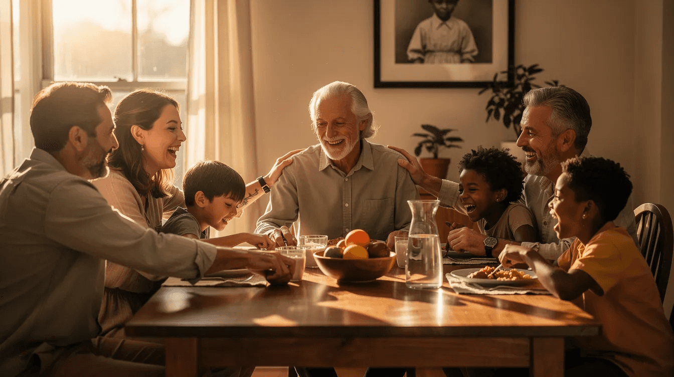 A diverse family is joyfully gathered around a dining table, sharing laughter and warmth, symbolizing the importance of legacy and stewardship. This scene reflects the strong bonds that can influence future generations, much like how many business owners navigate tax liabilities and investment options to secure their family's financial legacy.