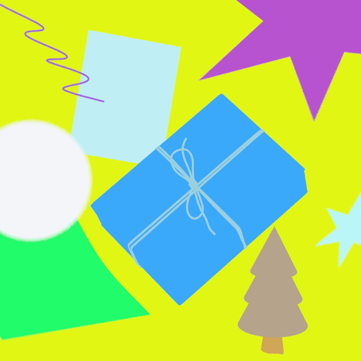 Bright abstract shapes including a blue gift box, stars, and a tree on a yellow background