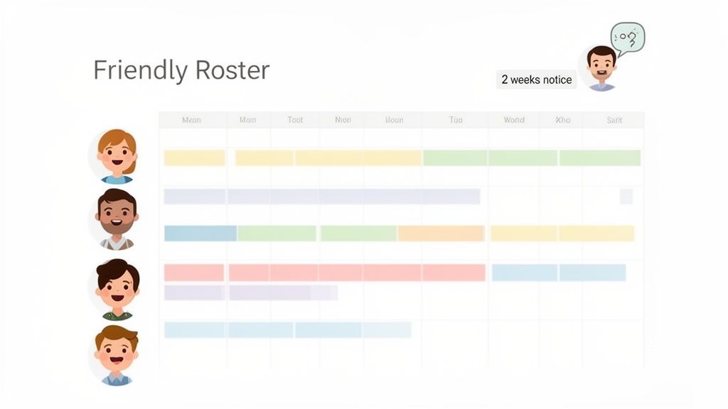 A friendly roster displaying colorful shift work schedules for multiple people with avatars.