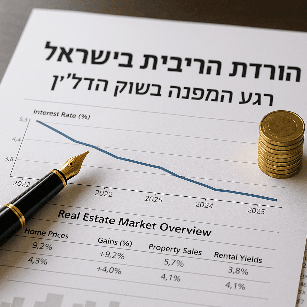 צילום תקריב של דף ניתוח פיננסי בעברית המציג גרף ירידת ריבית בישראל בין 2022–2025, לצד ערימת מטבעות ועט יוקרתי — מסמל את השפעת הורדת הריבית על שוק הנדל״ן והזדמנויות למשקיעים.