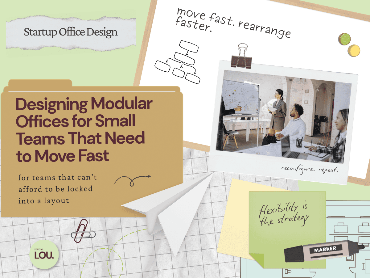Papercraft-style blog header with a manila folder titled Designing Modular Offices for Small Teams That Need to Move Fast, grid paper background, dry erase board with org chart doodle, polaroid photo of a team presenting at a whiteboard in a bright modern office clipped with a binder clip, paper airplane, sage green sticky note, floor plan illustration, and marker.