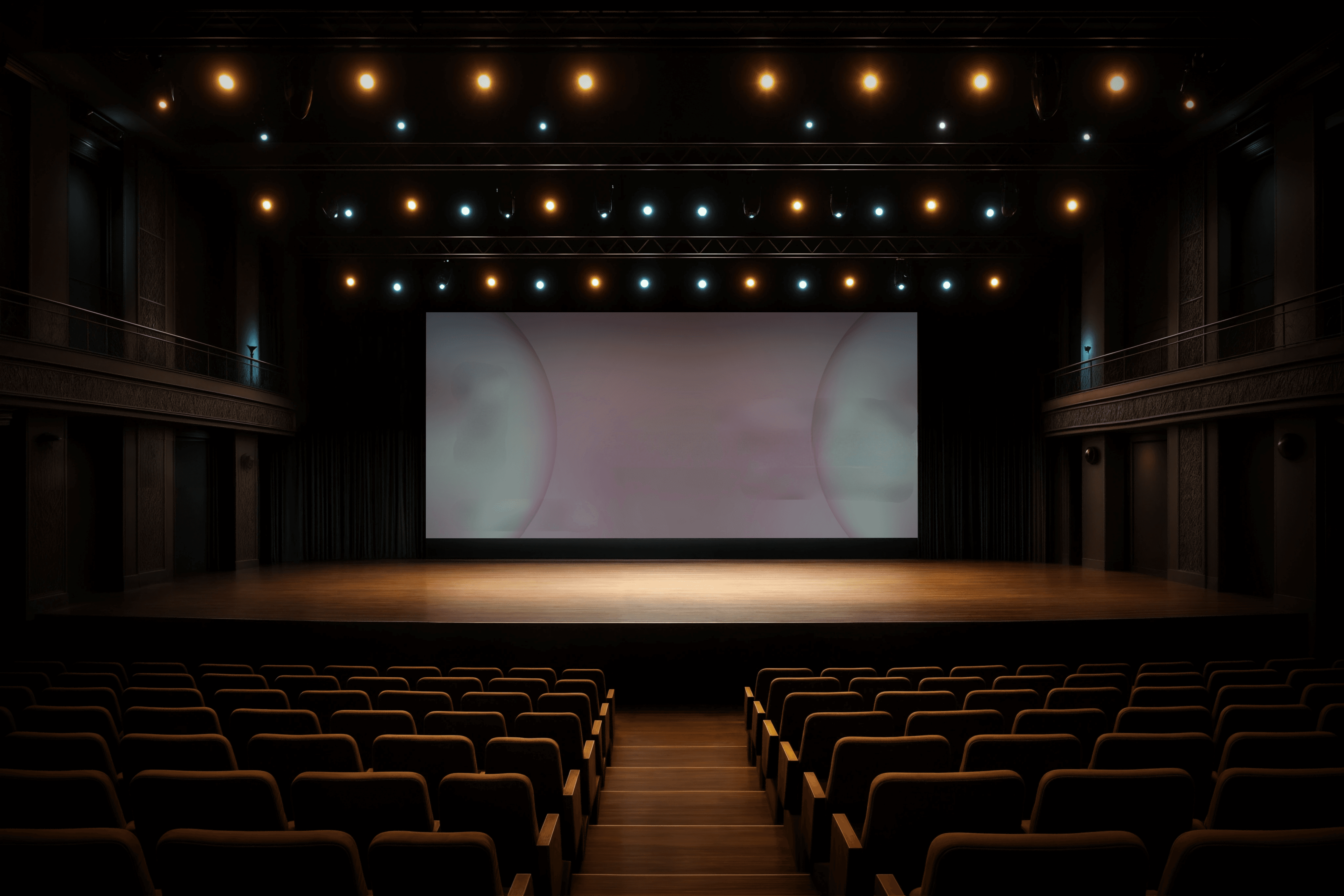 研討會現場桌面已擺好會議資料與筆記本，前方投影螢幕顯示議程畫面，呈現一切就緒等待與會者入場的專業研討會場景 Seminar room with agenda projected on screen and conference materials prepared on desks ready for participants highlighting organized corporate seminar planning 研討會佈置 企業會議準備 活動流程設計