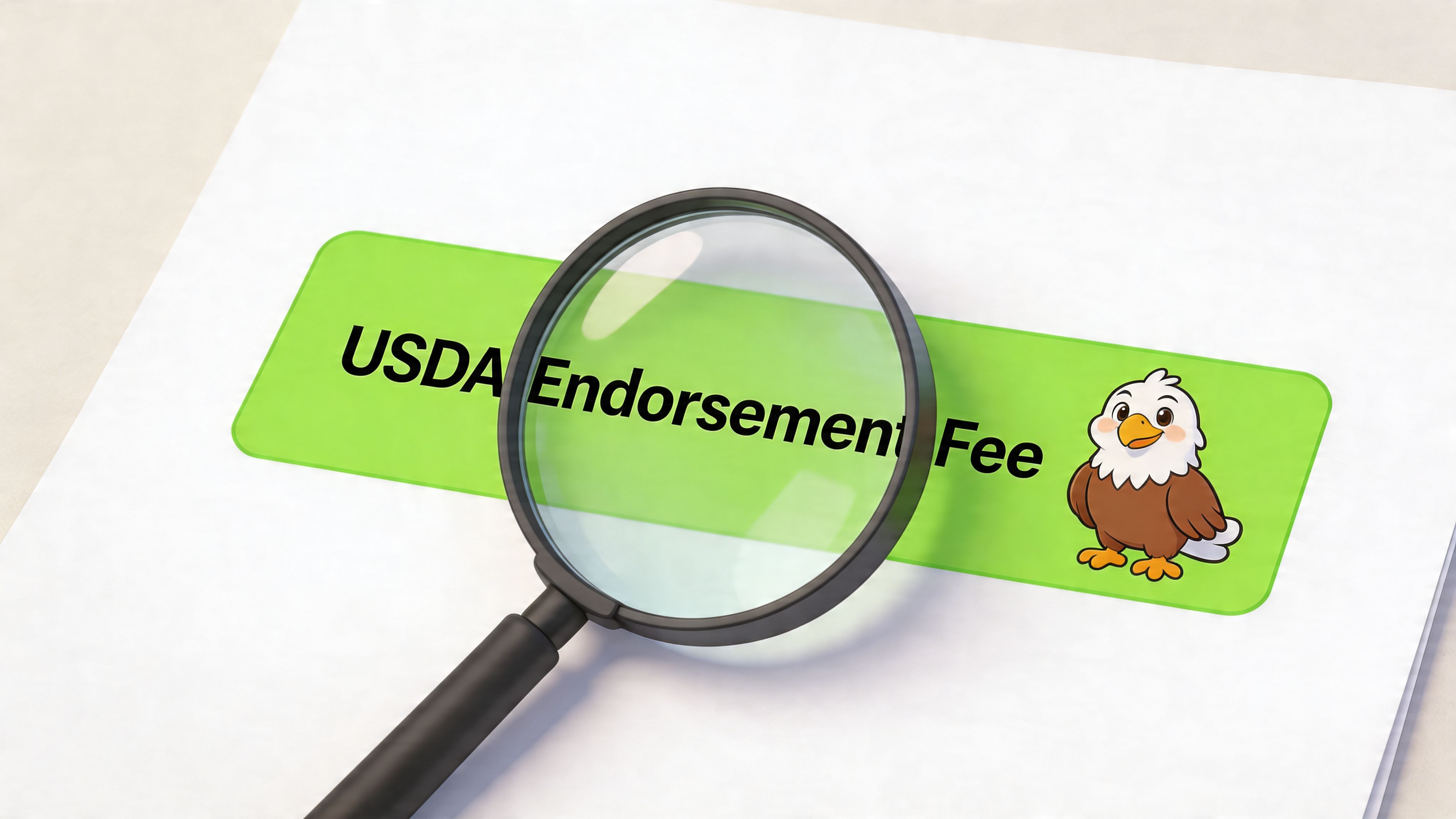 A magnifying glass inspecting a green banner labeled USDA Endorsement Fee featuring a cute eagle character.