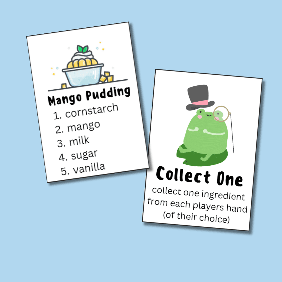 Two Panya playing cards, one is a collect one powerup card and the other  is a recipe card for mango pudding