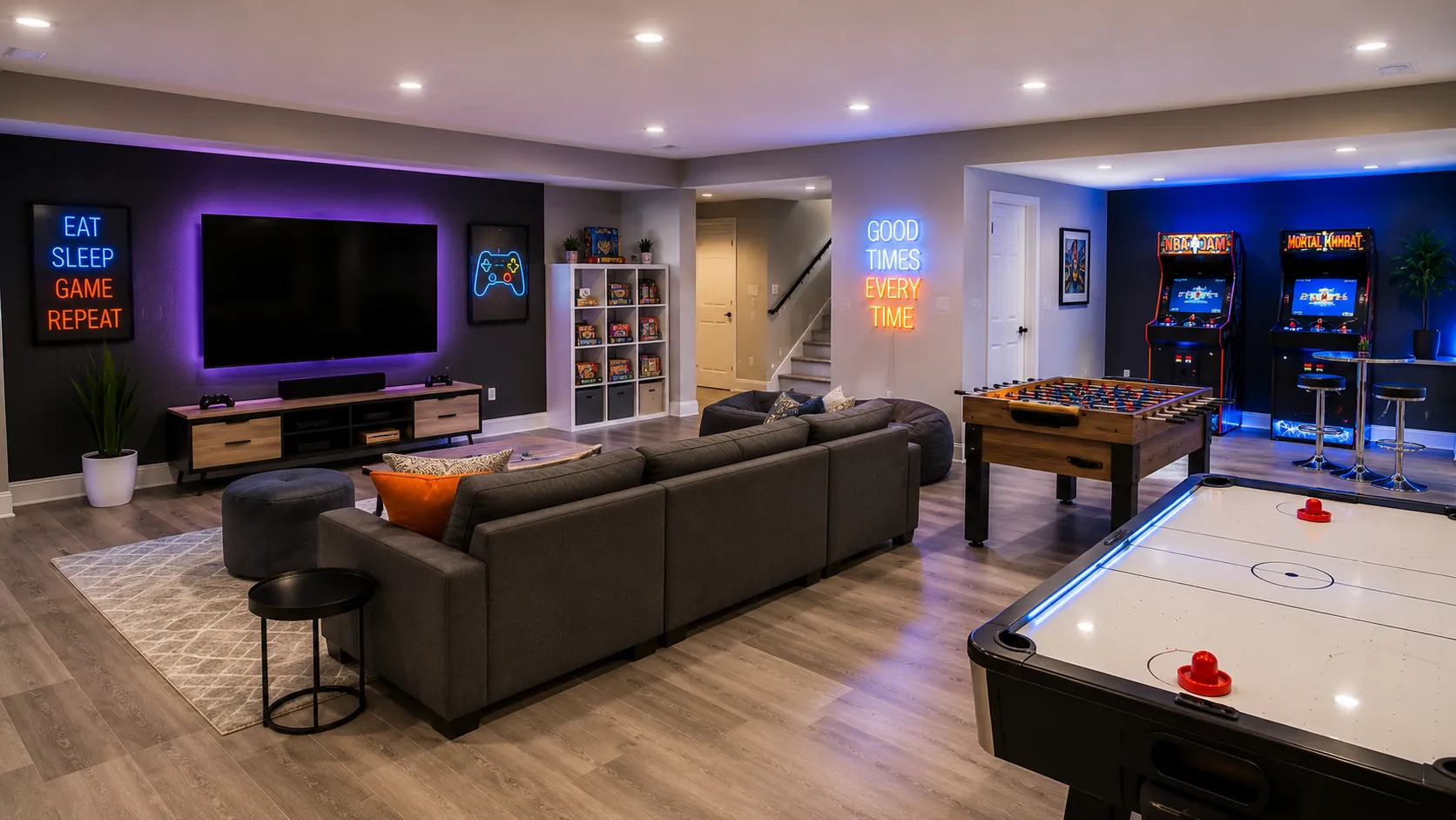 Recreation basement featuring pool table, foosball table, large projection TV with purple lighting, neon motivational signage, arcade games, lounge seating, and wood-look flooring throughout.