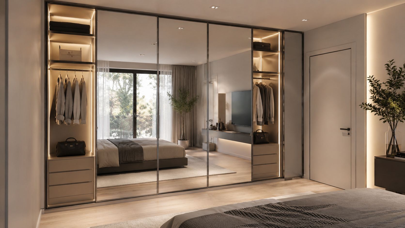A modern bedroom featuring a large floor to ceiling wardrobe with mirrored doors and interior lighting.