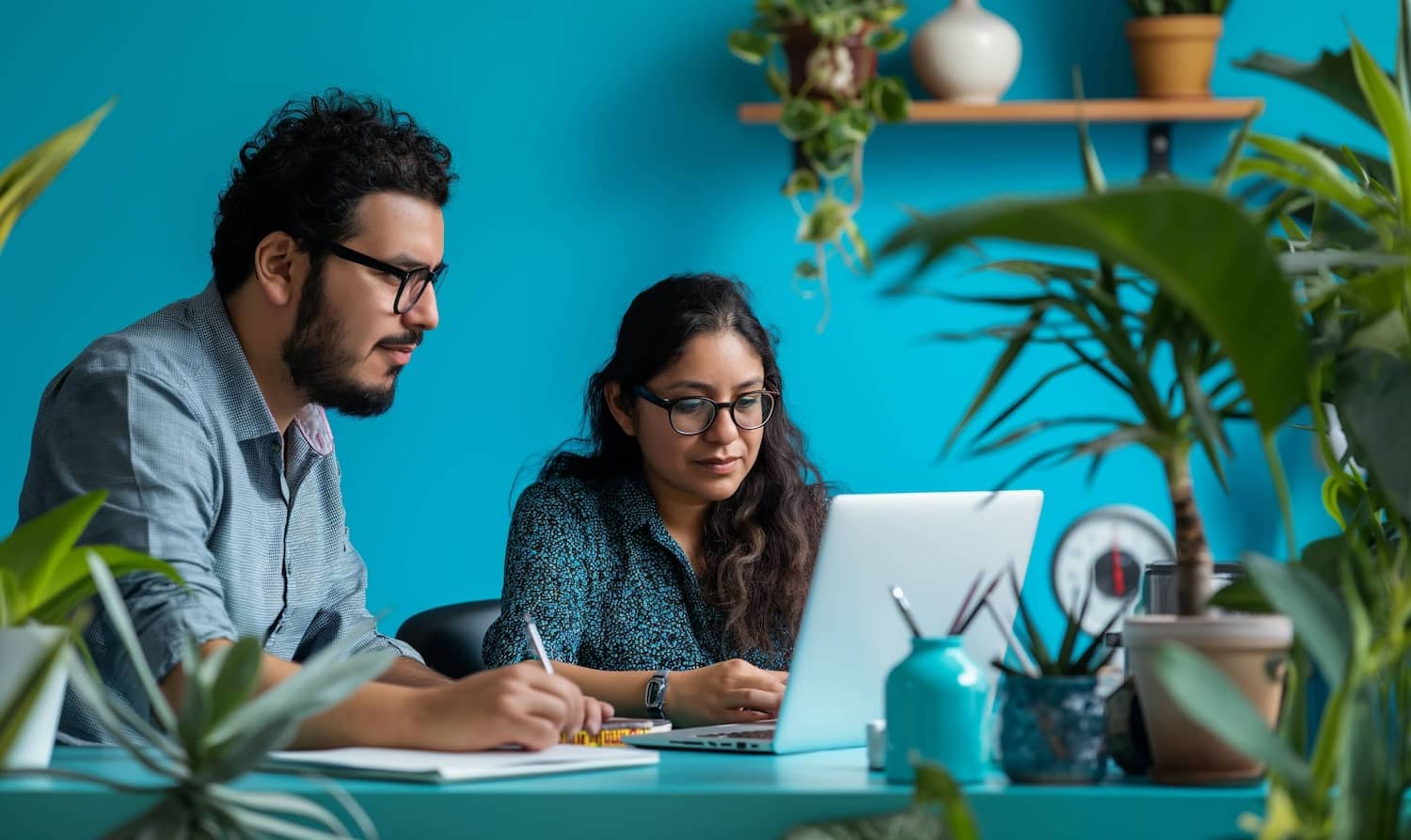 man and woman discussing something at work