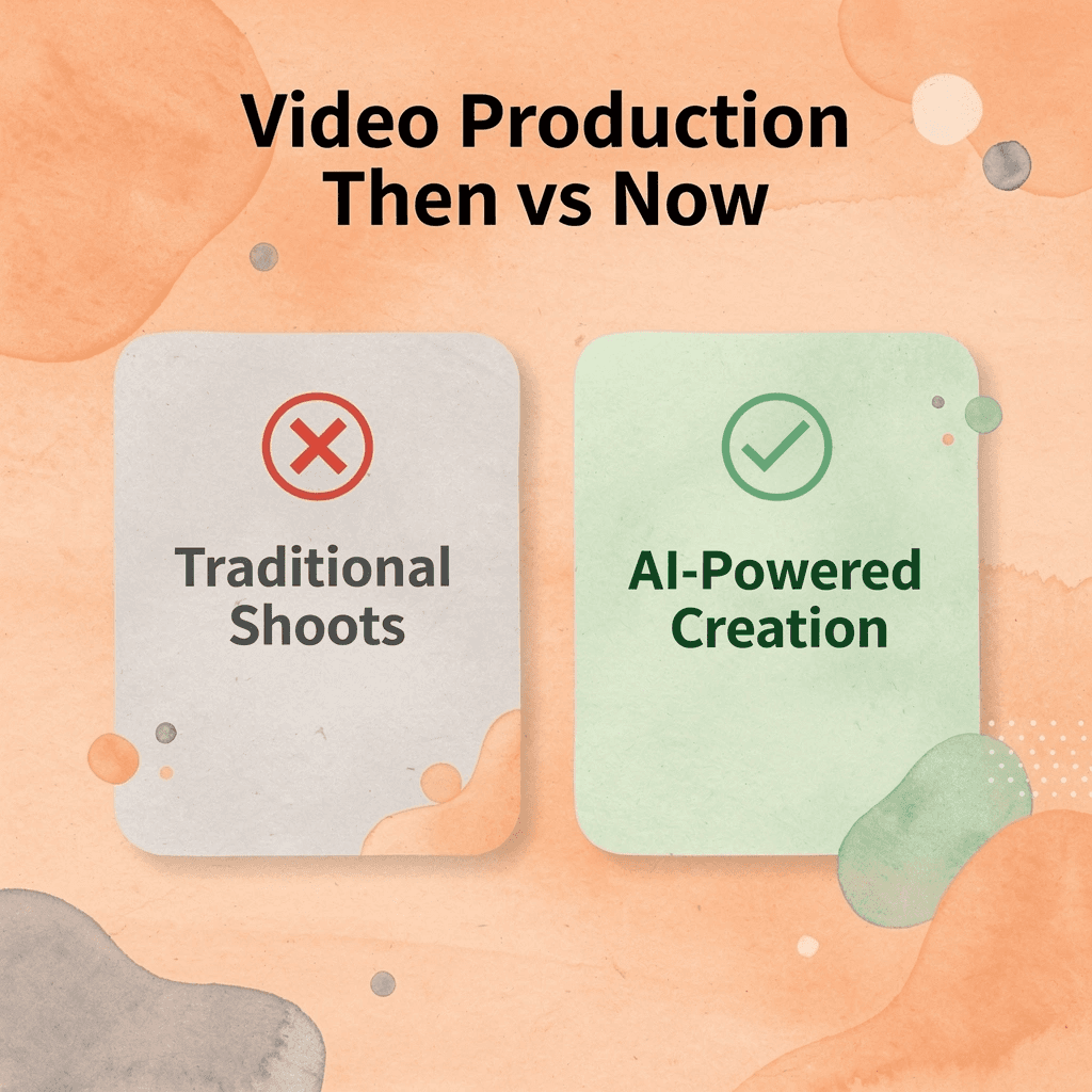 Before and after infographic comparing traditional video production to AI-powered creation
