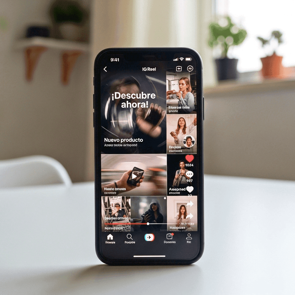 Mockup de interfaz de redes sociales en smartphone mostrando una campaña de video marketing de formato corto para Instagram Reels o TikTok.