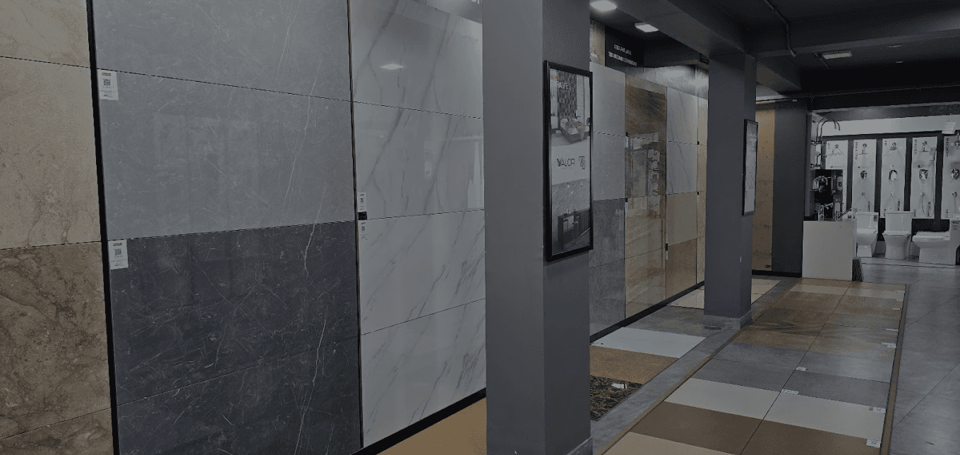 Tile showroom, with tiles showcased on the walls and floor