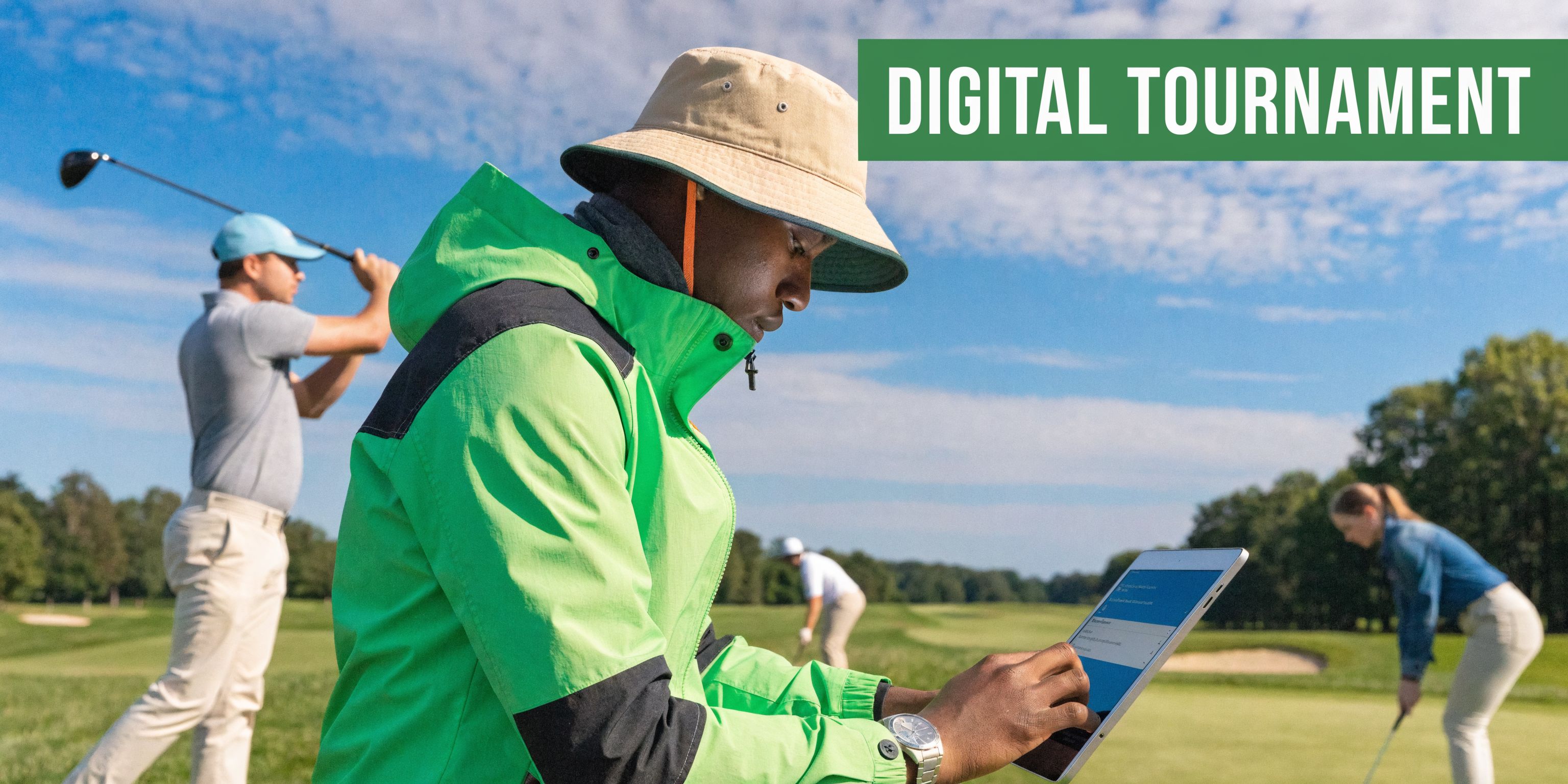 A golfer using a digital tablet for scoring on a sunny, professional golf course during a tournament.