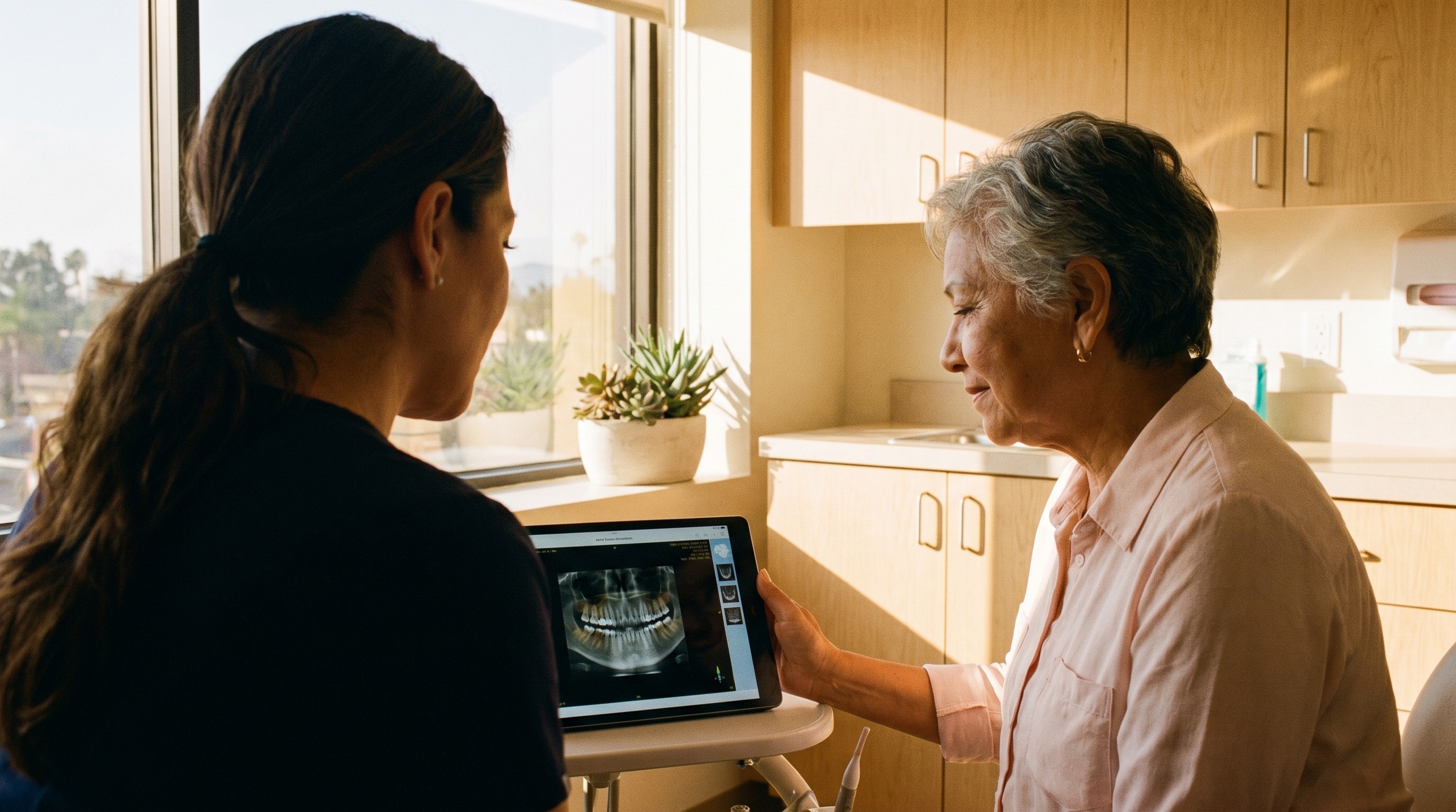 Dentist and older patient reviewing a 3D jaw scan together during an implant consultation in a sunlit office